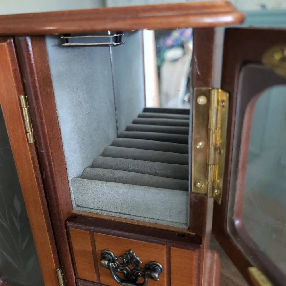 Vintage Jewelry Armoire Organizer Etched Glass Floral Wood Chest Velvet Mirrored
